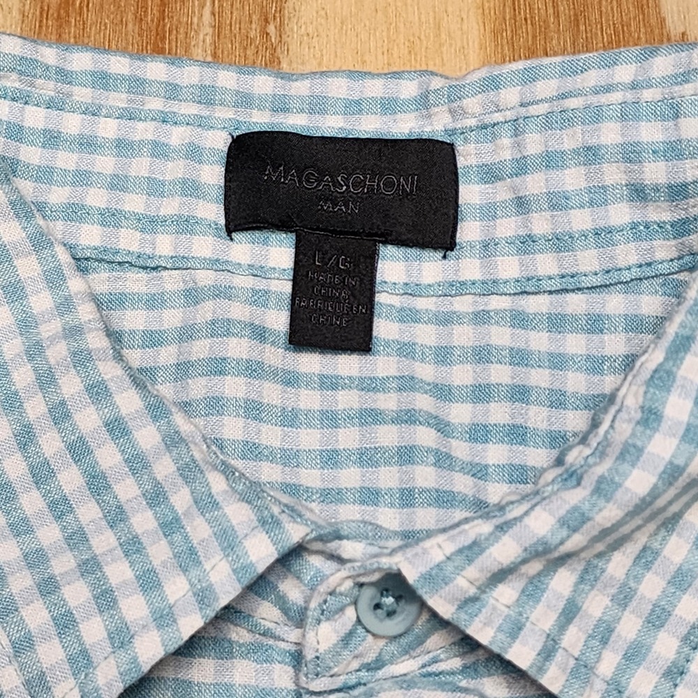 Magaschoni Mens L Blue Check Button Up Long Sleeve Shirt Linen Blend Roll Sleeve - Picture 4 of 7